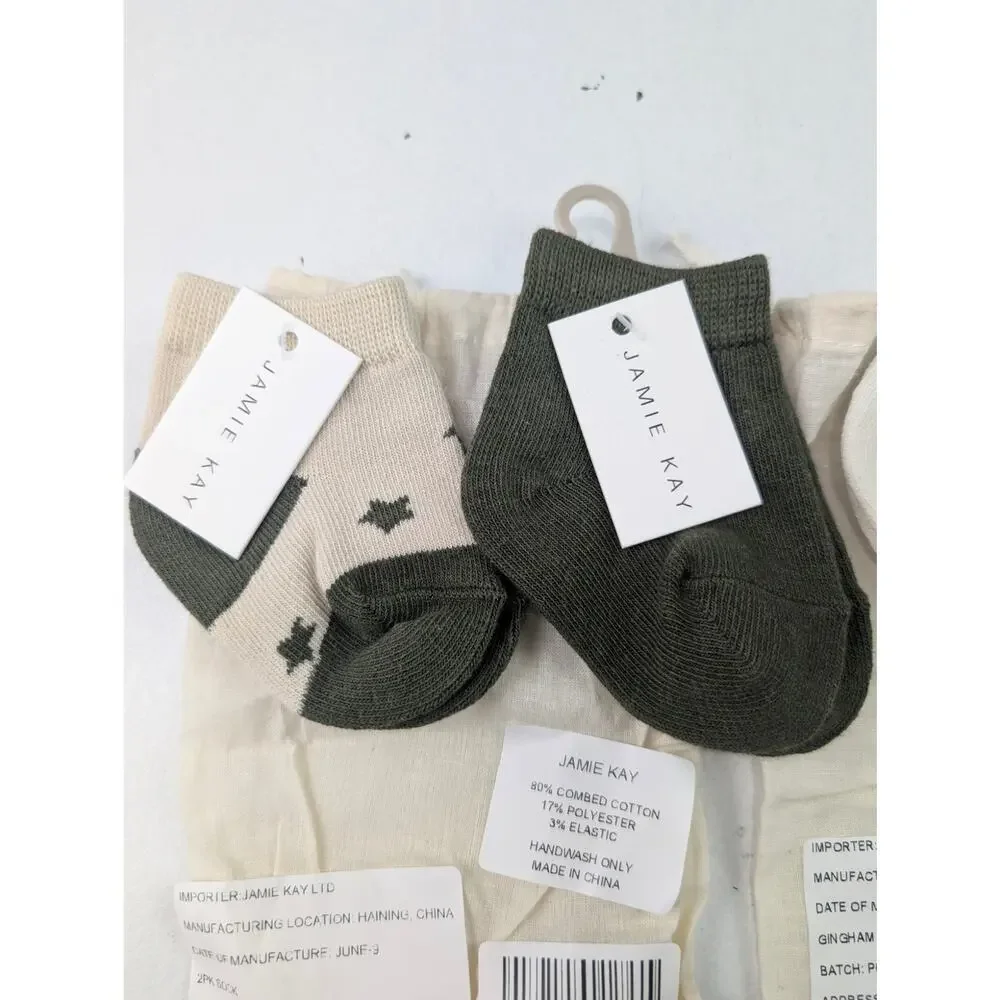 Jamie Kay 3 Pairs Baby 0-3 Months Ankle Socks - Olive Twinkle Toes Gingham Gray